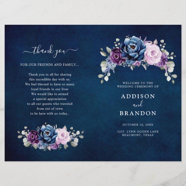 Dusty Blue Purple Lilac Blooms Wedding Program (Front)