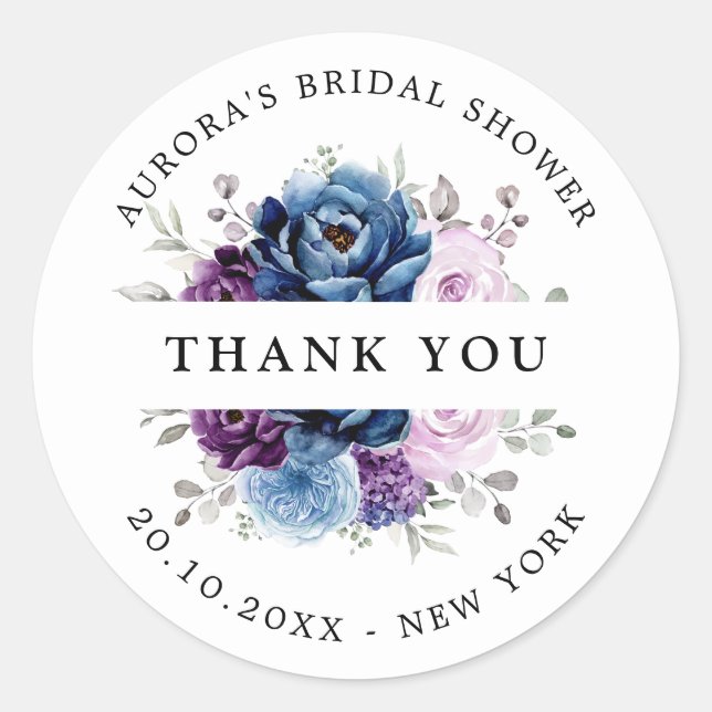 Dusty Blue Purple Navy  Bridal shower thank you Classic Round Sticker (Front)