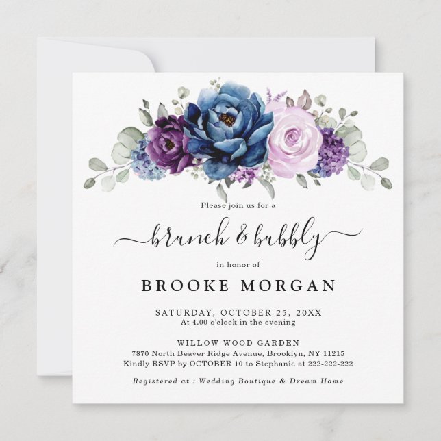 Dusty Blue Purple Navy Lilac Bloom Brunch & Bubbly Invitation (Front)