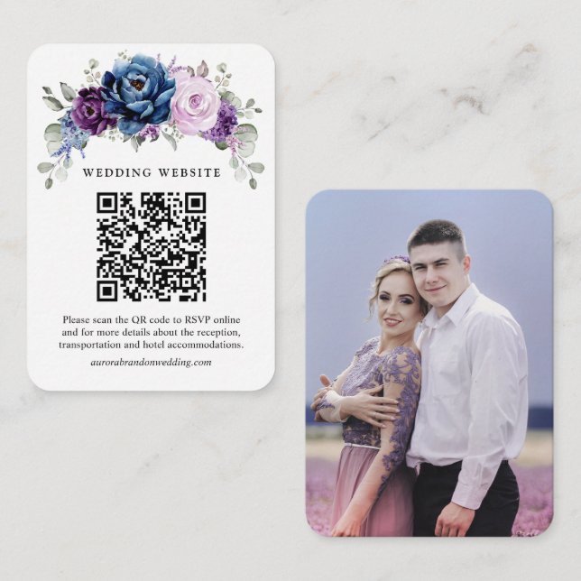Dusty Blue Purple Navy Lilac Bloom Wedding QR Code Enclosure Card (Front/Back)