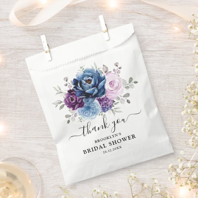 Dusty Blue Purple Navy Lilac Blooms Bridal Shower Favour Bags (Clipped)