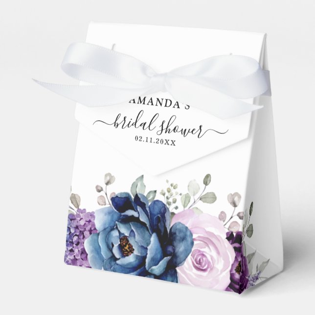 Dusty Blue Purple Navy Lilac Blooms  Bridal Shower Favour Box (Front Side)