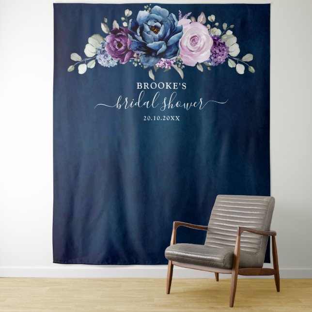 Dusty Blue Purple Navy Lilac Blooms Bridal Shower  Tapestry (In Situ)