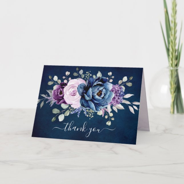 Dusty Blue Purple Navy Lilac Blooms Bridal Shower  Thank You Card (Front)