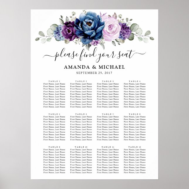 Dusty Blue Purple Navy Lilac Blooms Seating Chart (Front)