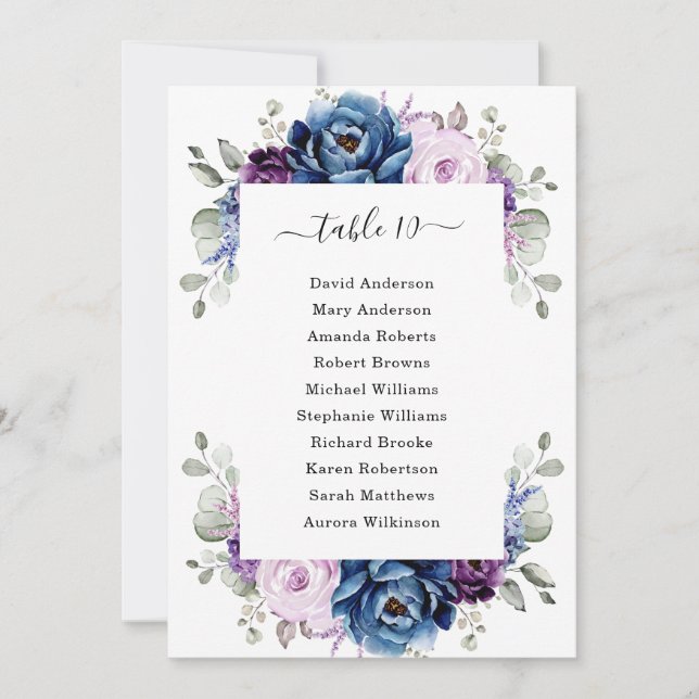 Dusty Blue Purple Navy Lilac Blooms Seating Chart Invitation (Front)