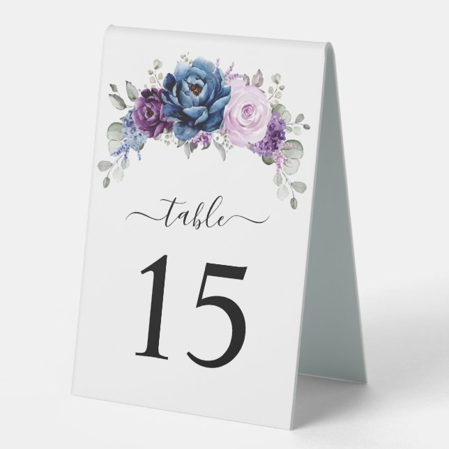 Dusty Blue Purple Navy Lilac Blooms Table Number (Front)