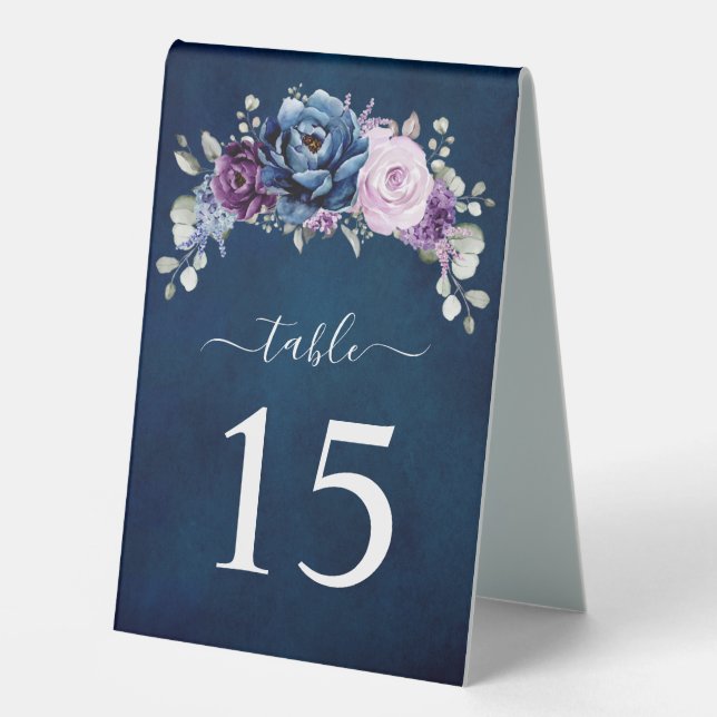 Dusty Blue Purple Navy Lilac Blooms Table Number T (Front)