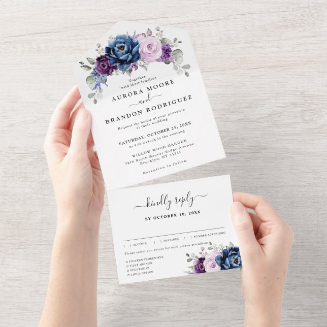 Dusty Blue Purple Navy Lilac Blooms Wedding All In One Invitation (Tearaway)