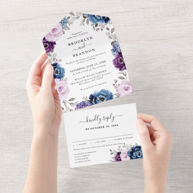 Dusty Blue Purple Navy Lilac Blooms Wedding All In One Invitation (Tearaway)