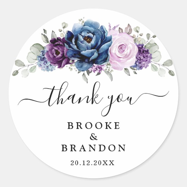 Dusty Blue Purple Navy Lilac Blooms Wedding Classic Round Sticker (Front)