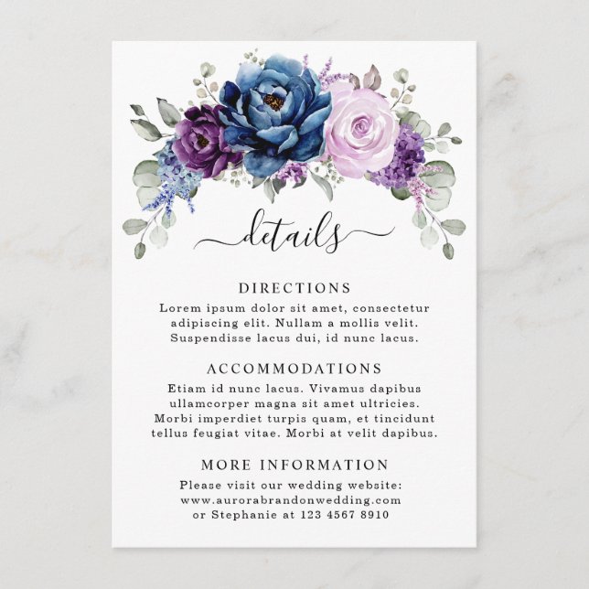 Dusty Blue Purple Navy Lilac Blooms Wedding Detail Enclosure Card (Front)