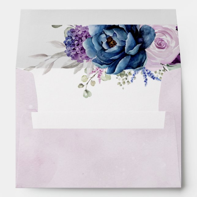 Dusty Blue Purple Navy Lilac Blooms Wedding Envelope (Back (Bottom))