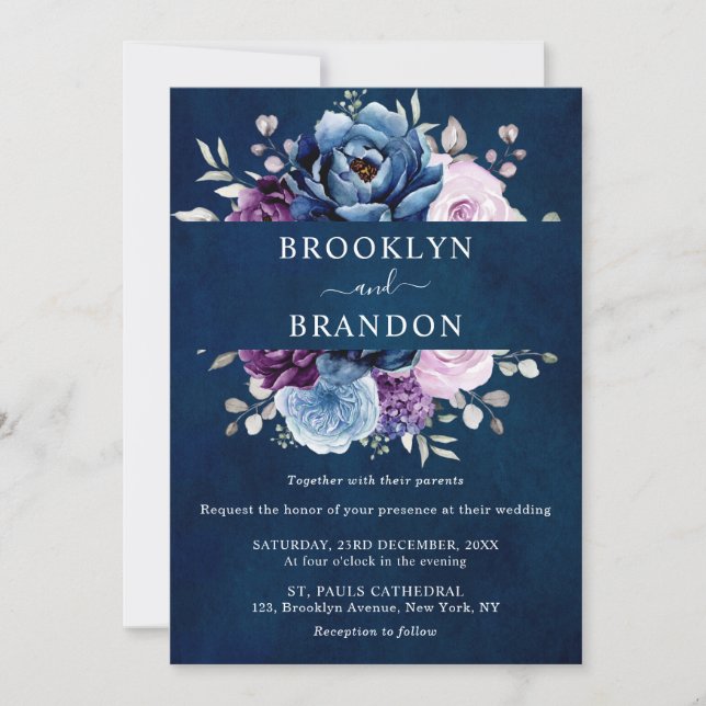 Dusty Blue Purple Navy Lilac Blooms Wedding Invita Invitation (Front)