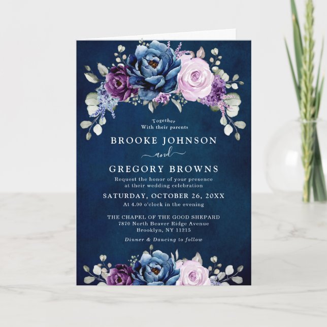 Dusty Blue Purple Navy Lilac Blooms Wedding Invita Invitation (Front)
