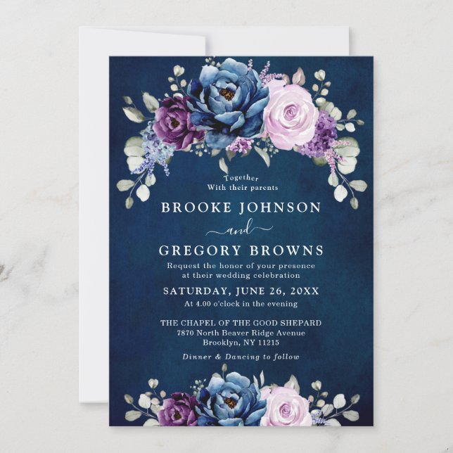 Dusty Blue Purple Navy Lilac Blooms Wedding Invita Invitation (Front)
