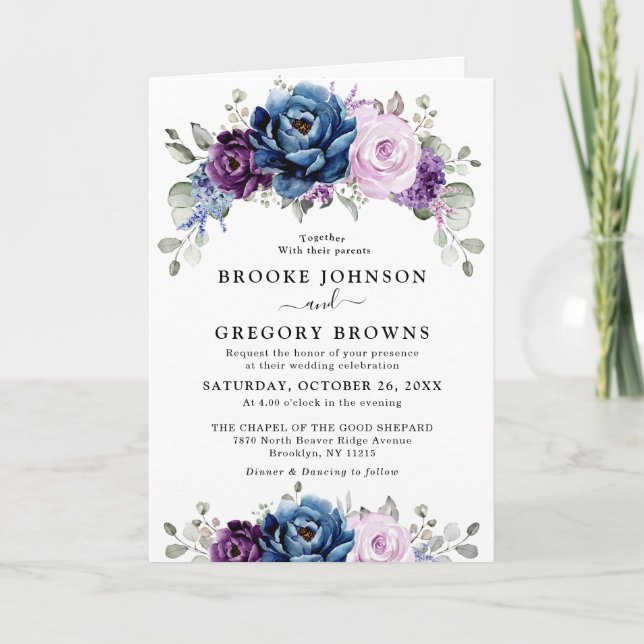 Dusty Blue Purple Navy Lilac Blooms Wedding Invitation (Front)