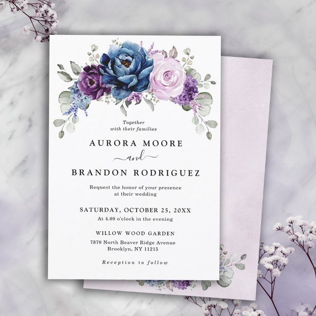 Dusty Blue Purple Navy Lilac Blooms Wedding Invitation (Dusty Blue Purple Navy Lilac Blooms Wedding invitation)