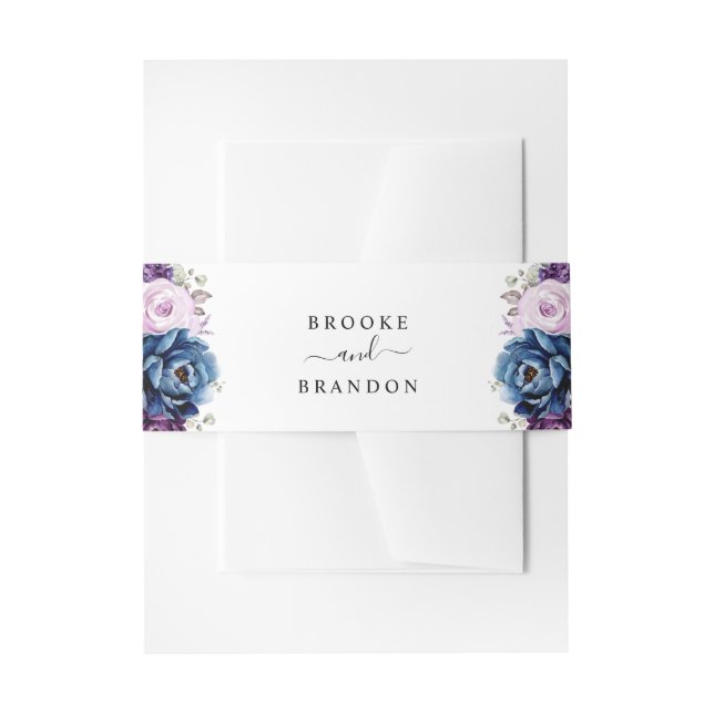 Dusty Blue Purple Navy Lilac Blooms Wedding Invitation Belly Band (Front Example)