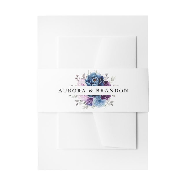 Dusty Blue Purple Navy Lilac Blooms Wedding Invitation Belly Band (Front Example)