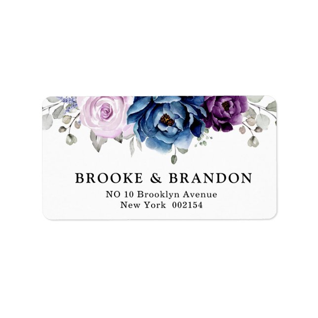 Dusty Blue Purple Navy Lilac Blooms Wedding Label (Front)