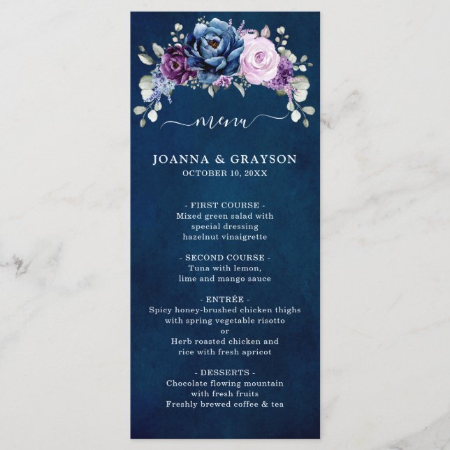 Dusty Blue Purple Navy Lilac Blooms Wedding Menu (Front)