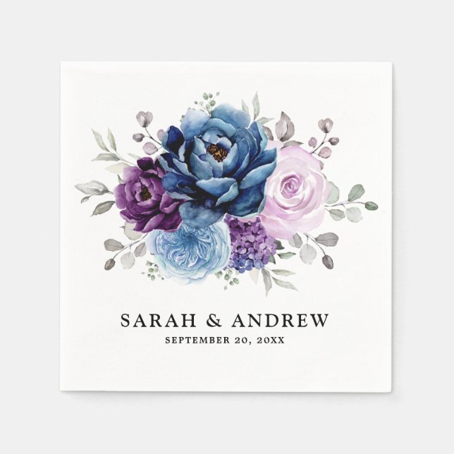Dusty Blue Purple Navy Lilac Blooms Wedding Napkin (Front)