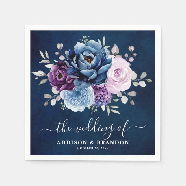 Dusty Blue Purple Navy Lilac Blooms Wedding Napkin (Front)