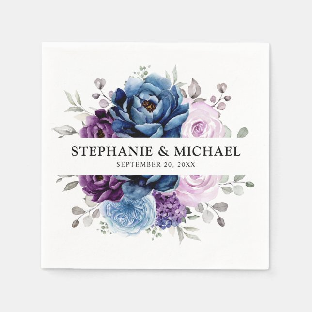 Dusty Blue Purple Navy Lilac Blooms Wedding Napkin (Front)