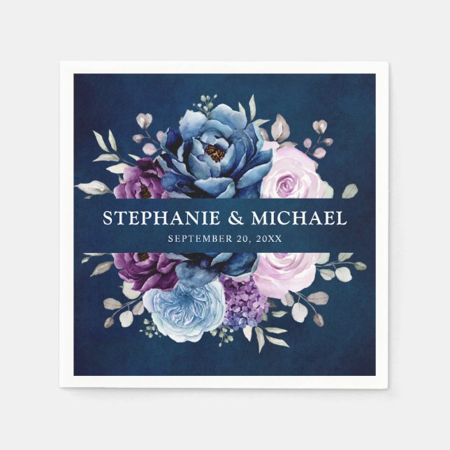 Dusty Blue Purple Navy Lilac Blooms Wedding Napkin (Front)