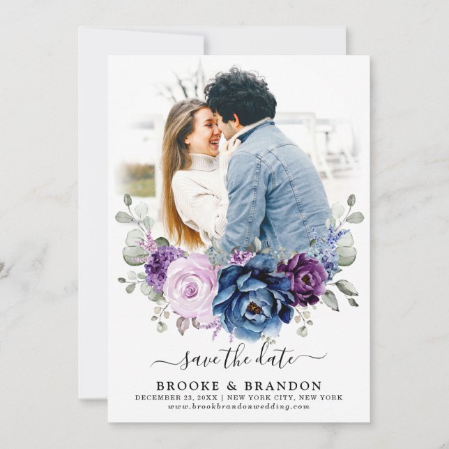 Dusty Blue Purple Navy Lilac Blooms Wedding Photo Save The Date (Front)