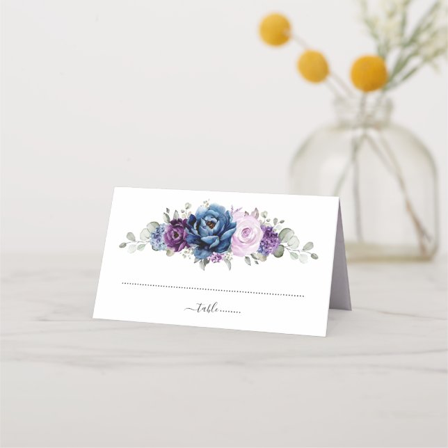 Dusty Blue Purple Navy Lilac Blooms Wedding Place Card (Front)