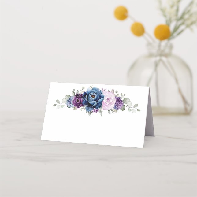 Dusty Blue Purple Navy Lilac Blooms Wedding Place Card (Front)