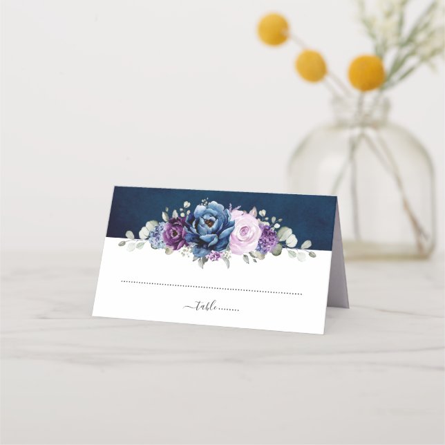 Dusty Blue Purple Navy Lilac Blooms Wedding Place  Place Card (Front)