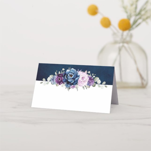 Dusty Blue Purple Navy Lilac Blooms Wedding Place  Place Card (Front)
