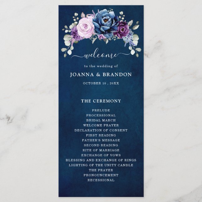 Dusty Blue Purple Navy Lilac Blooms Wedding Progra Programme (Front)