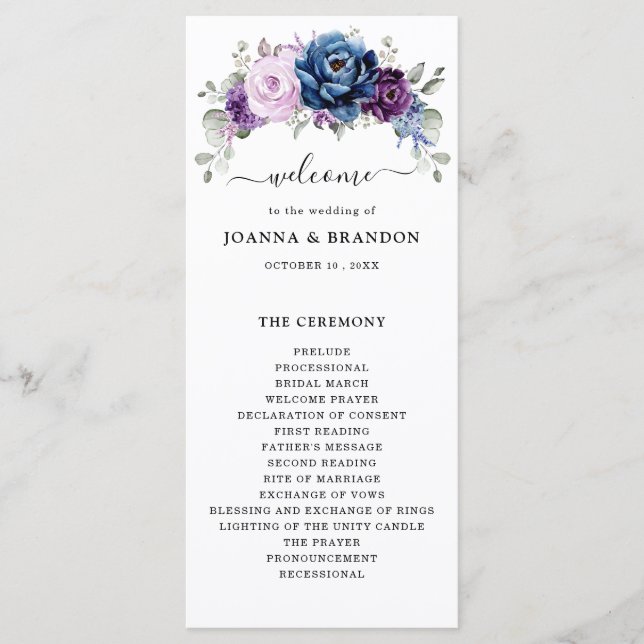 Dusty Blue Purple Navy Lilac Blooms Wedding Programme (Front)