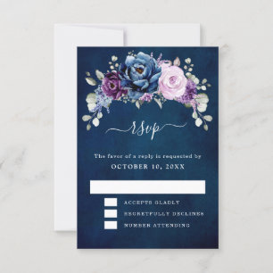 Dusty Blue Purple Navy Lilac Blooms Wedding RSVP C Card