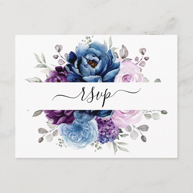 Dusty Blue Purple Navy Lilac Blooms Wedding RSVP Postcard (Front)