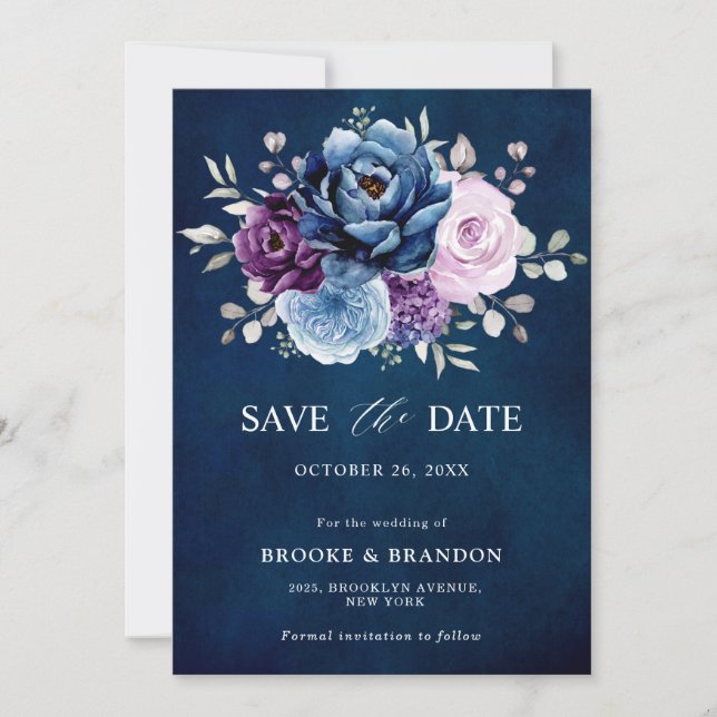 Dusty Blue Purple Navy Lilac Blooms Wedding Save T Save The Date (Front)