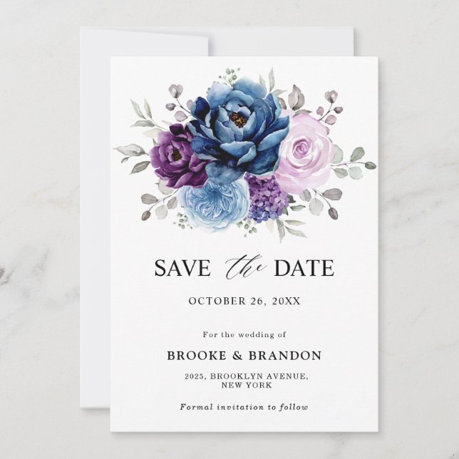 Dusty Blue Purple Navy Lilac Blooms Wedding Save The Date (Front)