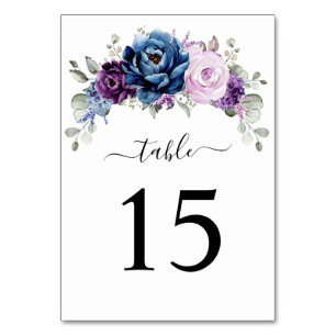 Dusty Blue Purple Navy Lilac Blooms Wedding Table Number