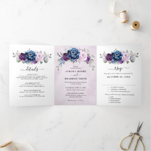 Dusty Blue Purple Navy Lilac Blooms Wedding Tri-Fo Tri-Fold Announcement