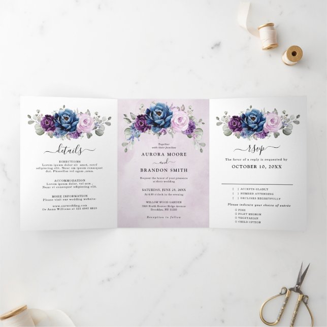 Dusty Blue Purple Navy Lilac Blooms Wedding Tri-Fo Tri-Fold Announcement (Inside)