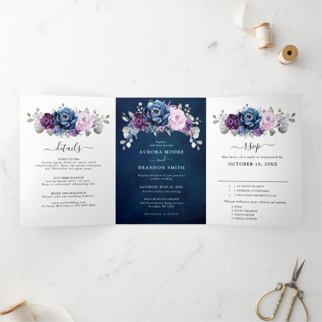 Dusty Blue Purple Navy Lilac Blooms Wedding Tri-Fo Tri-Fold Announcement (Inside)
