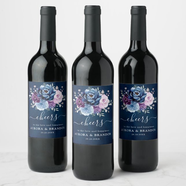 Dusty Blue Purple Navy Lilac Blooms Wedding Wine L Wine Label (Bottles)
