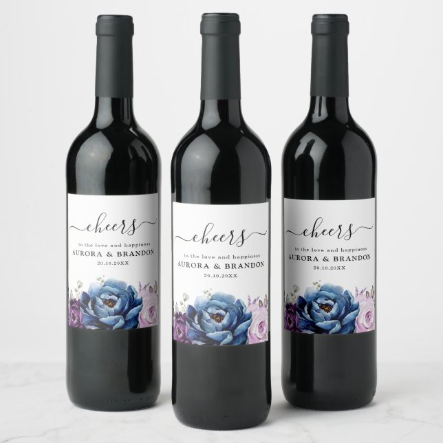 Dusty Blue Purple Navy Lilac Blooms Wedding Wine Label (Bottles)