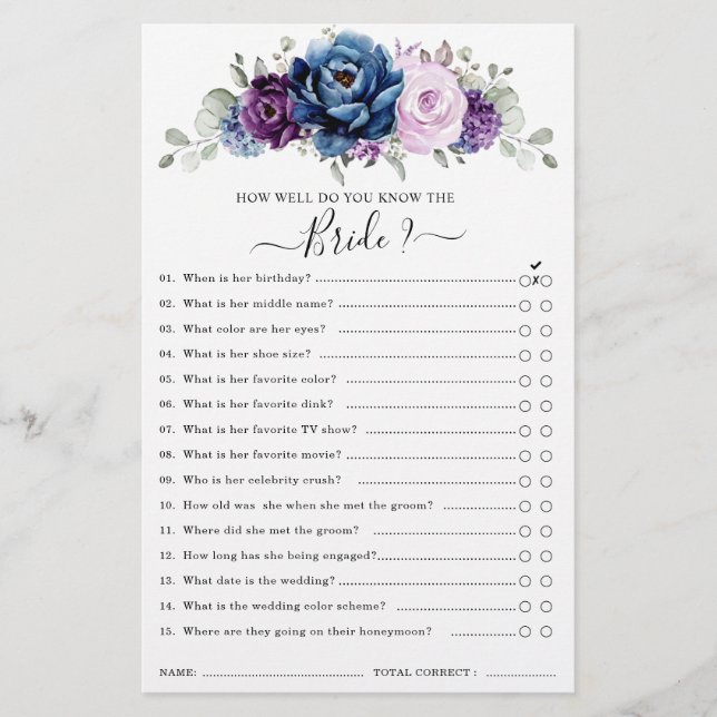 Dusty Blue Purple Navy Lilac  Bridal Shower Game (Front)