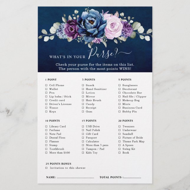 Dusty Blue Purple Navy Lilac Bridal Shower Game (Front)