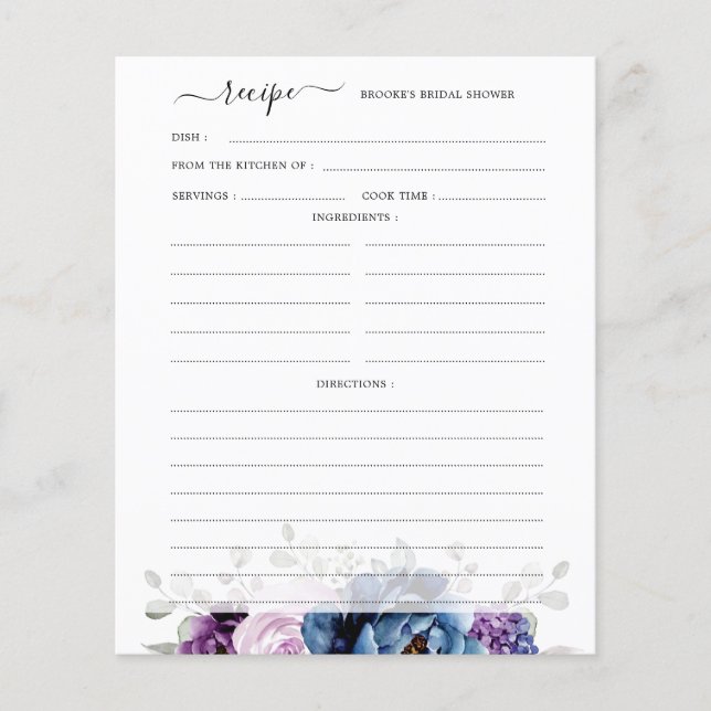 Dusty Blue Purple Navy Lilac  Bridal Shower Recipe (Front)